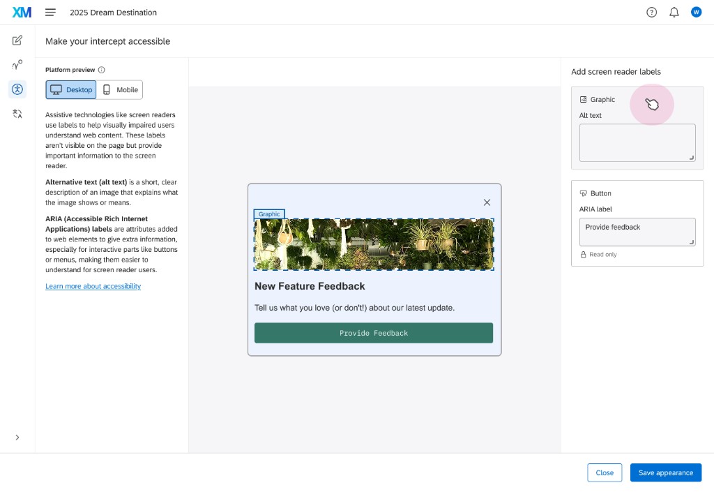 Accessibility panel showing alt text and ARIA label fields alongside the intercept preview