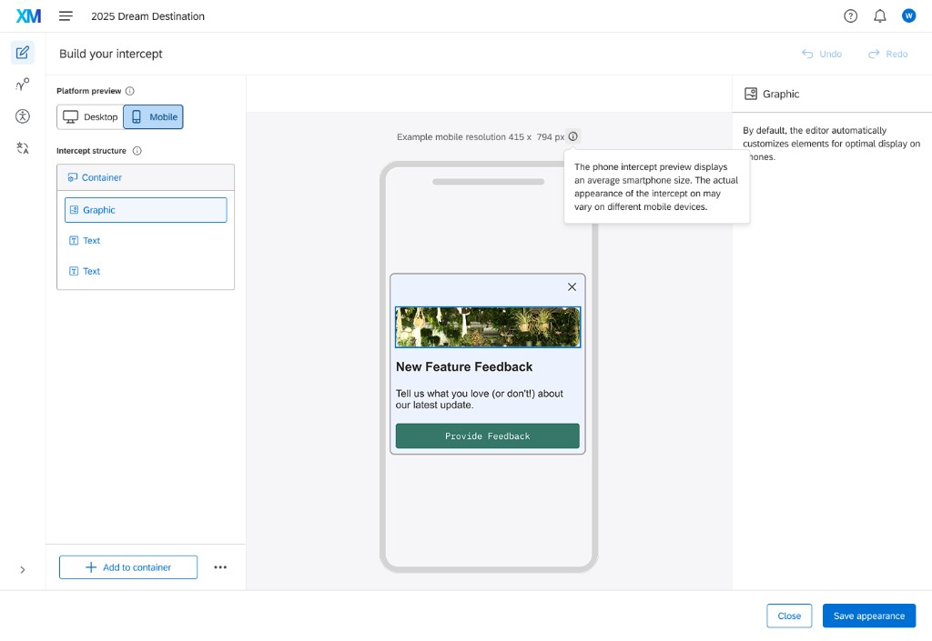 Appearance Studio mobile preview showing a feedback intercept on a smartphone frame