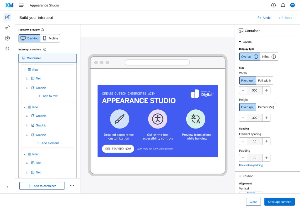 Appearance Studio canvas builder interface showing element tree, live preview, and configuration panel