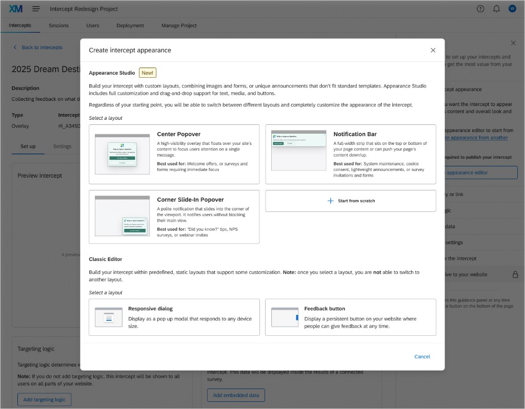 Template selection showing Center Popover, Notification Bar, and Corner Slide-In options