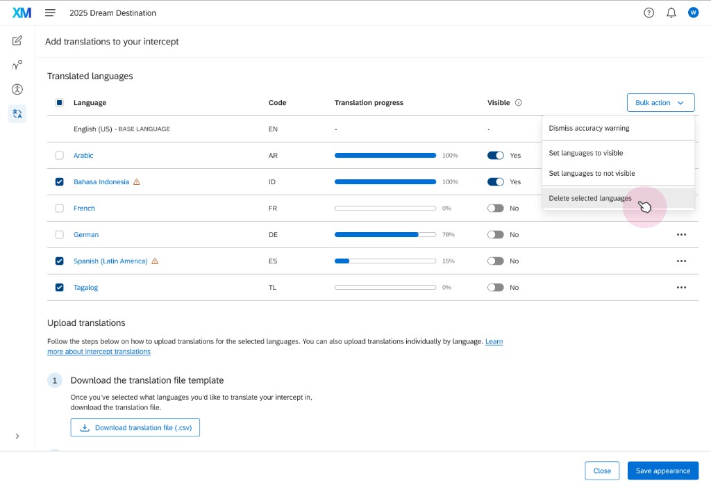 Translations table showing language list, progress bars, and visibility toggles